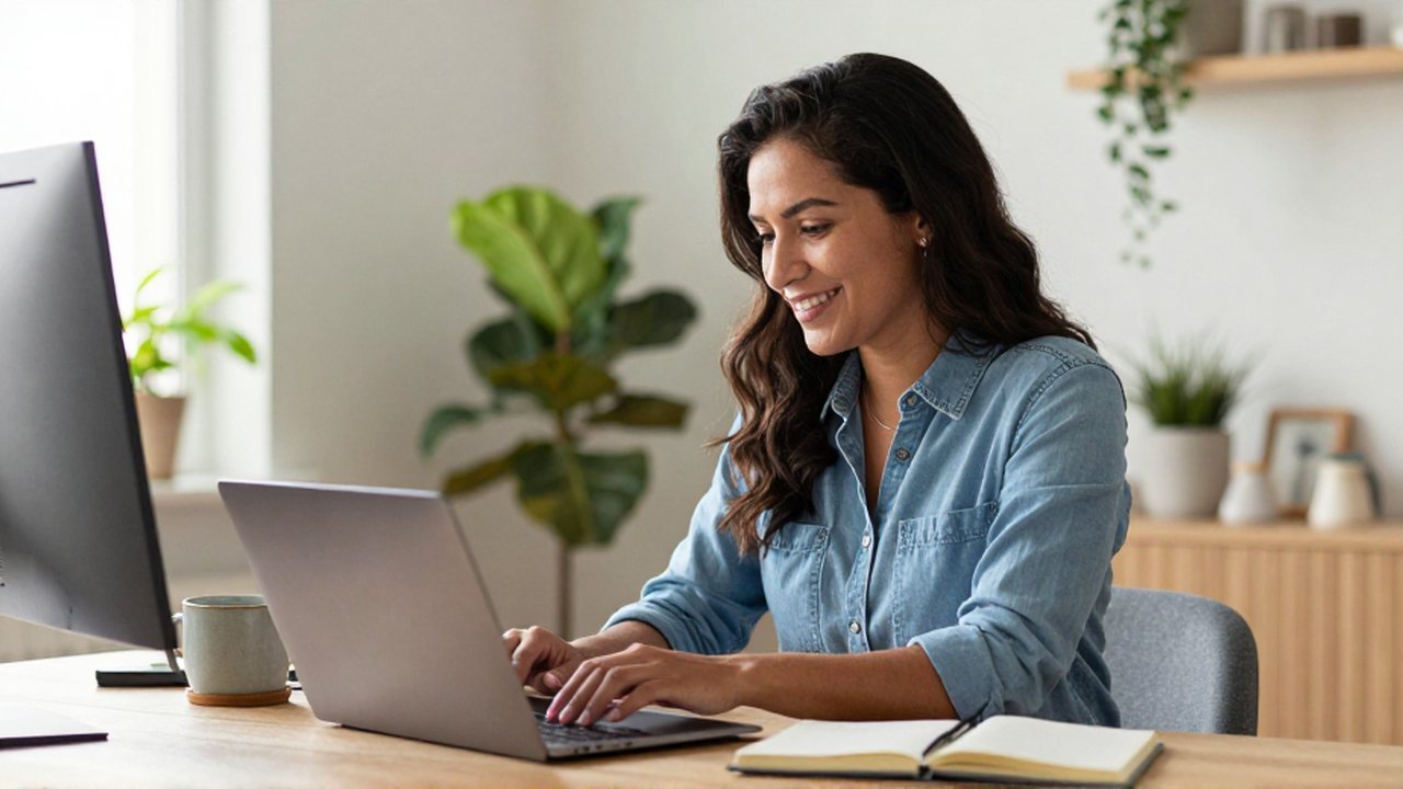 Mujer sonriente sentada frente a su computadora en una oficina en casa con plantas al fondo.