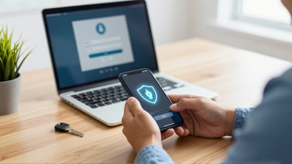 Manos interactúan con un smartphone que muestra un icono de escudo junto a un portátil y una llave de seguridad.