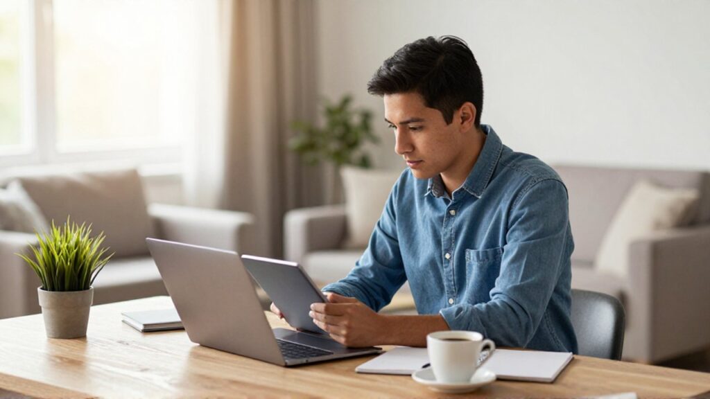 Persona de origen latinoamericano sentada frente a un escritorio de madera usando una laptop y una tableta.