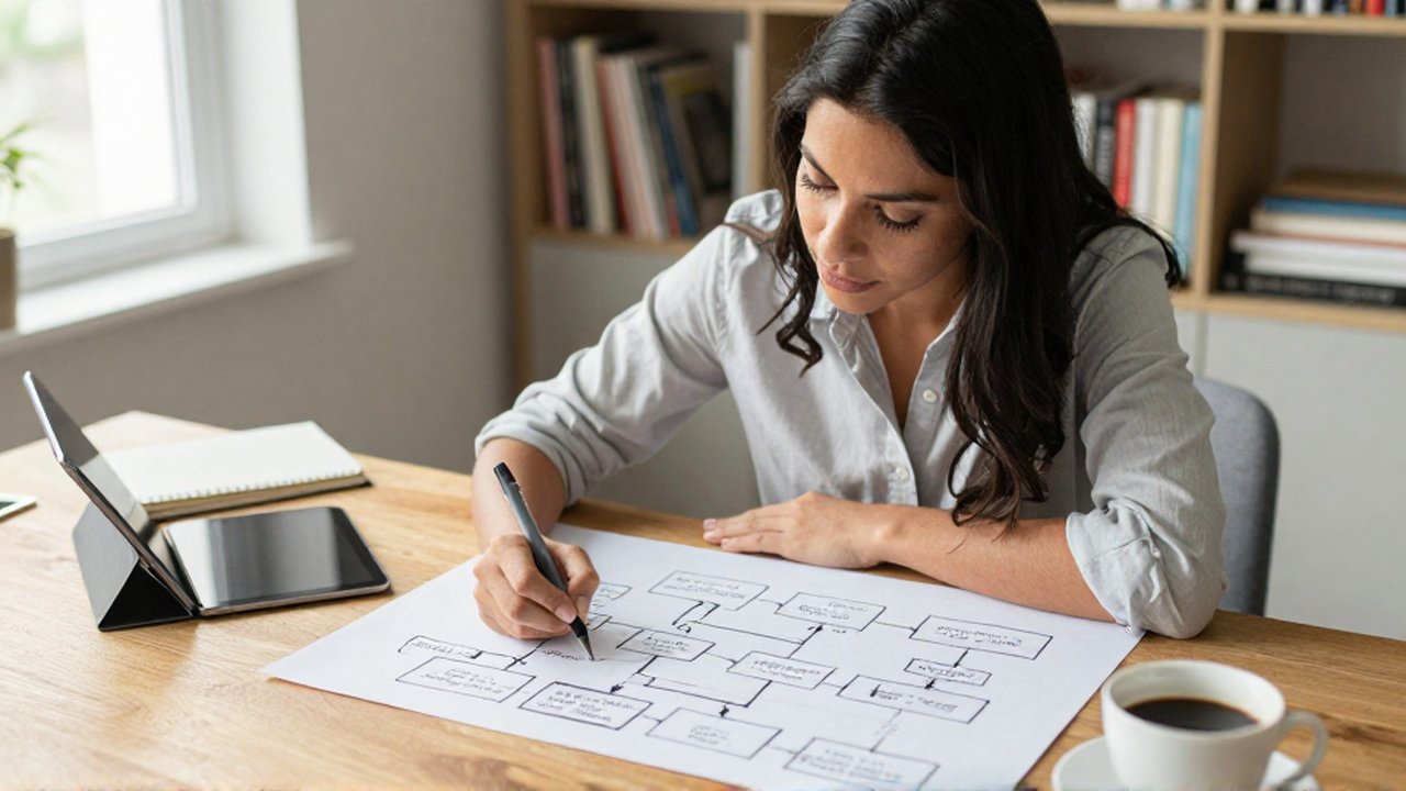 Una mujer dibuja un diagrama de flujo sobre un papel en un escritorio de madera.