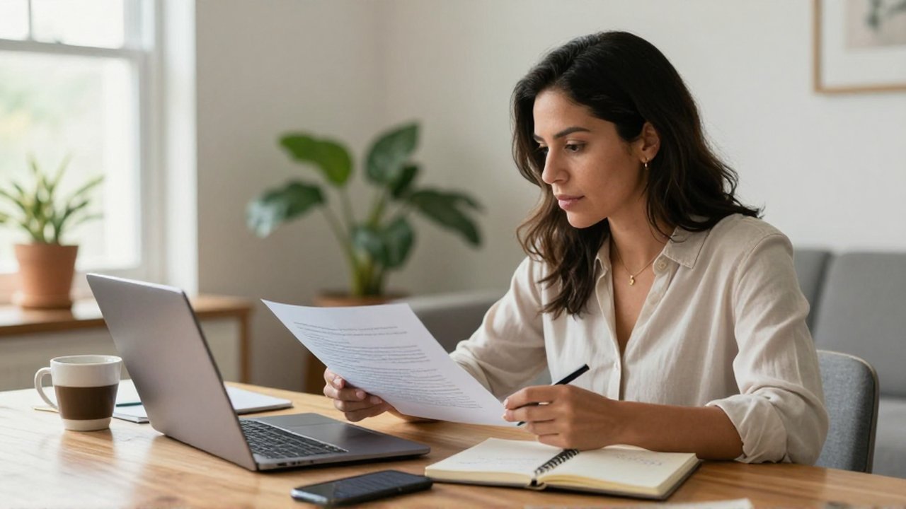 Mujer sentada en un escritorio de madera comparando notas escritas con un documento en su portátil.