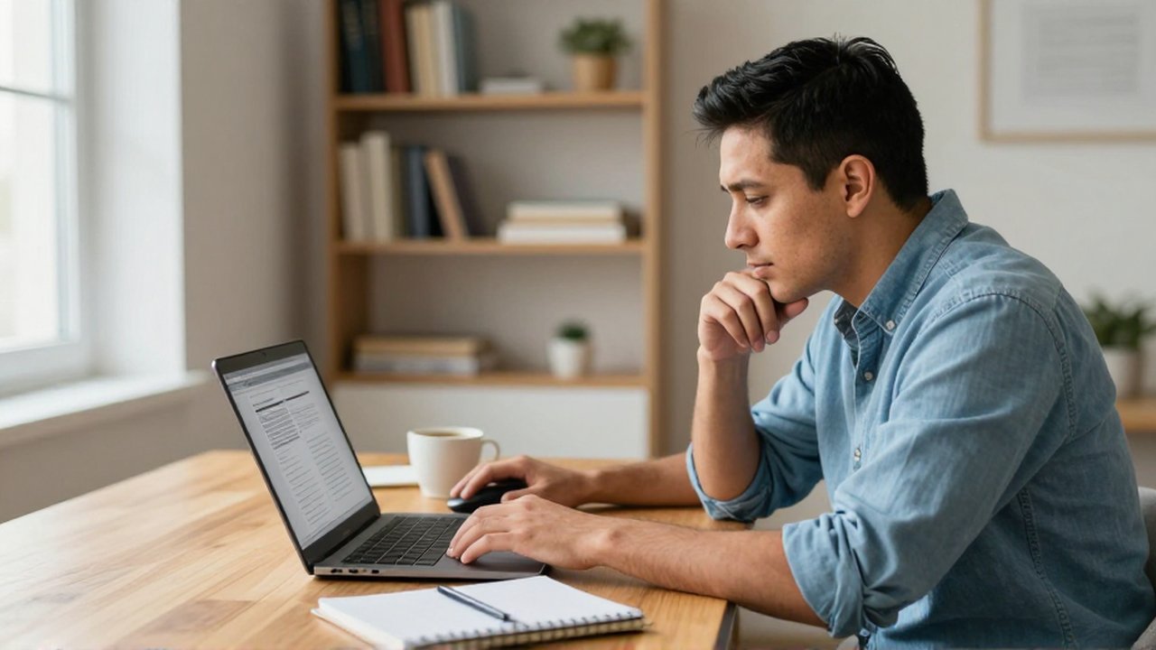 Una persona sentada en un escritorio de madera revisa con atención la pantalla de su laptop.