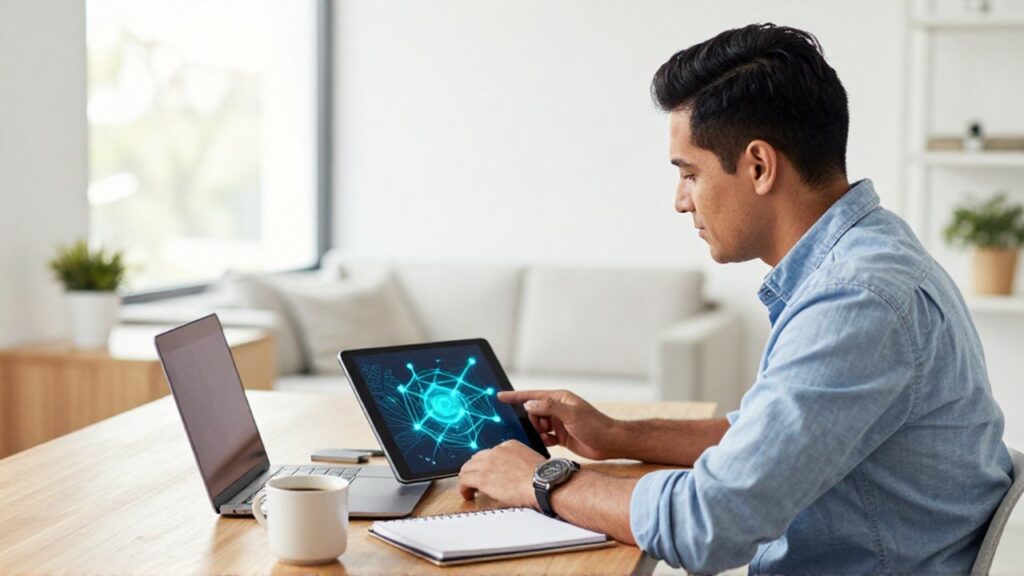 Un emprendedor latinoamericano observa una tablet con visualizaciones de datos en un escritorio de madera.