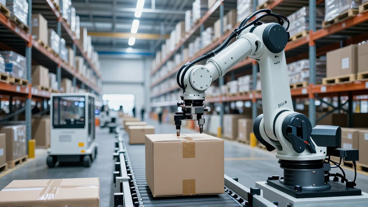Brazo robótico industrial moviendo cajas de cartón sobre una cinta transportadora en un almacén automatizado.