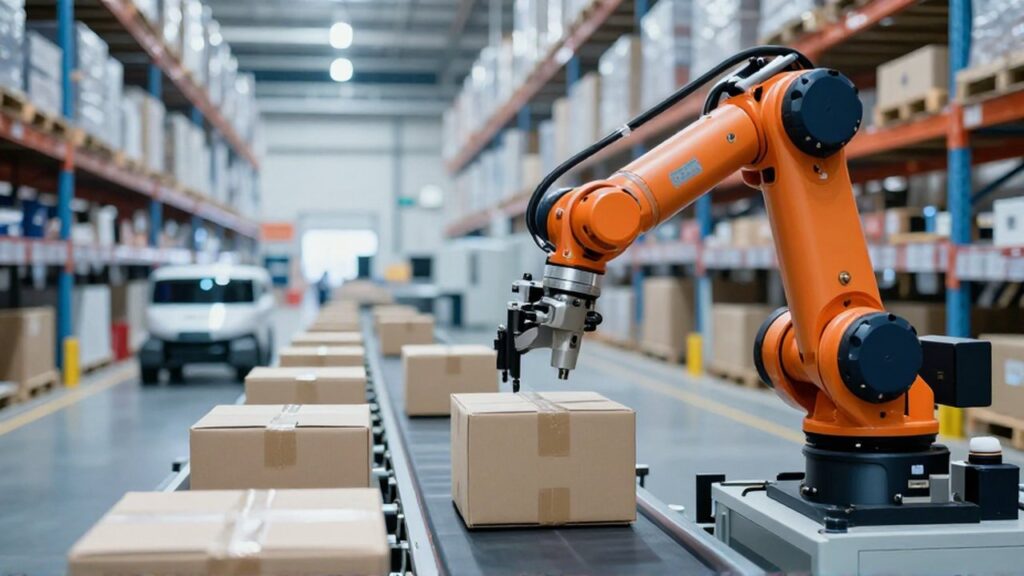 Brazo robótico industrial moviendo cajas de cartón sobre una cinta transportadora en un almacén automatizado.