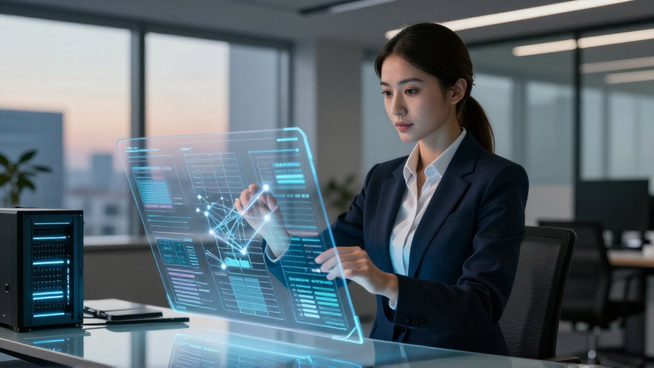 Arquitecta de datos manipulando una interfaz holográfica con redes de información en una oficina tecnológica.