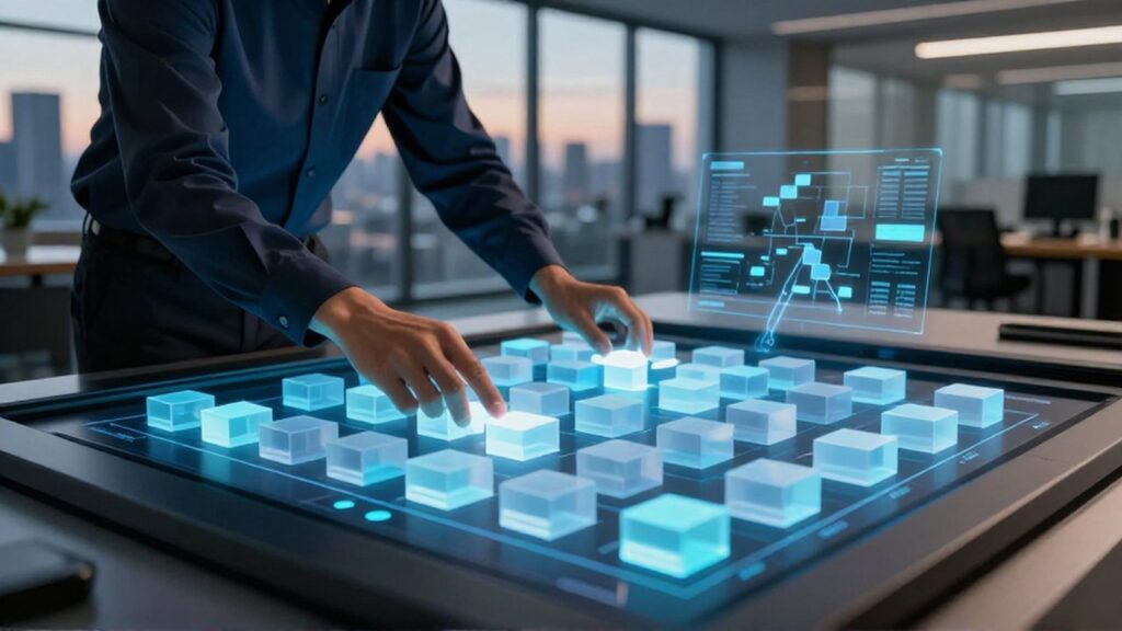 Arquitecto de datos organizando bloques digitales brillantes en una mesa táctil dentro de una oficina tecnológica.