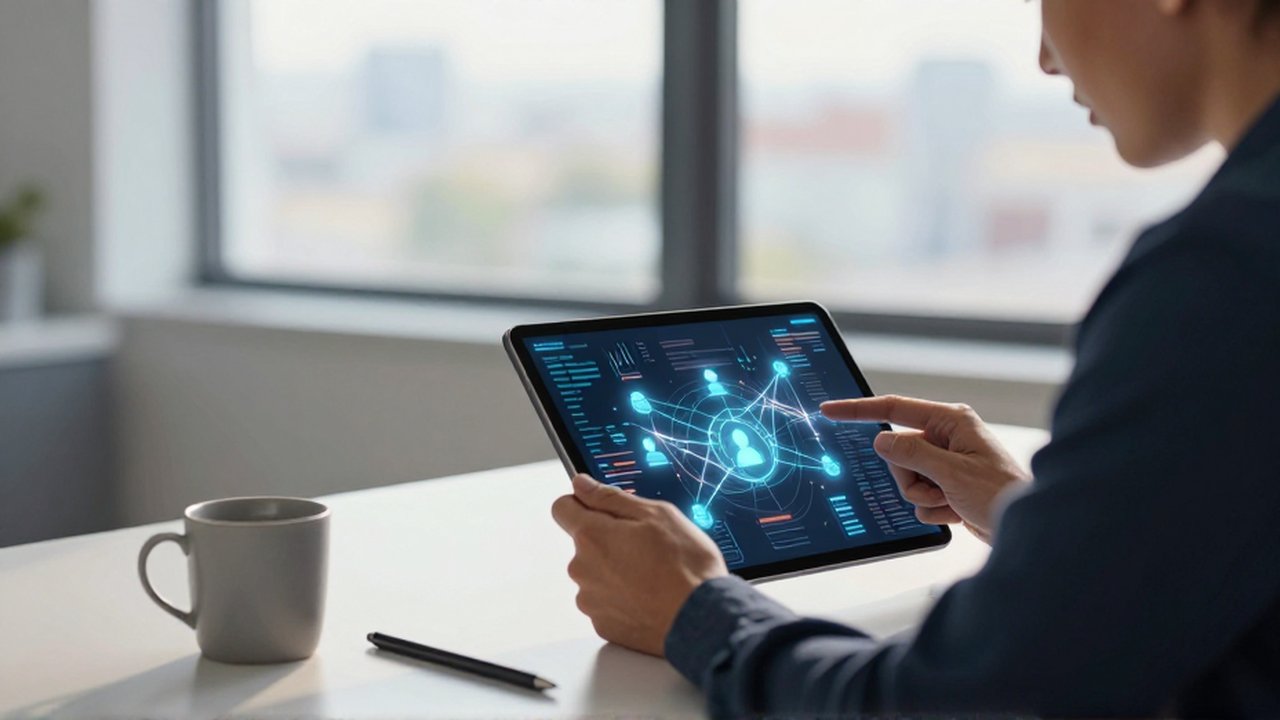 Analista de marketing estudia datos interconectados en una tableta dentro de una oficina moderna.