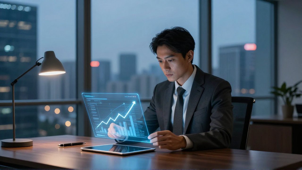 Consultor de negocios analizando una gráfica holográfica de crecimiento en una oficina con vistas a la ciudad.
