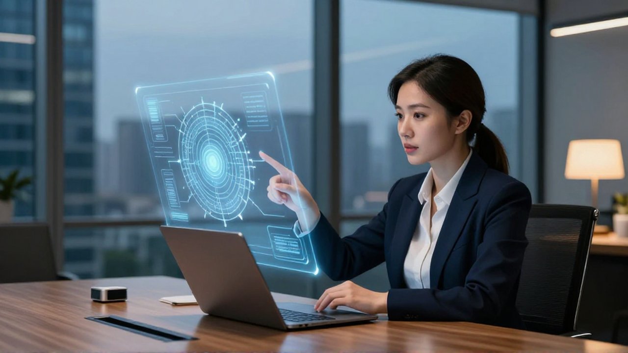 Consultora informática señalando un diagrama holográfico de lógica de inteligencia artificial en una oficina moderna.