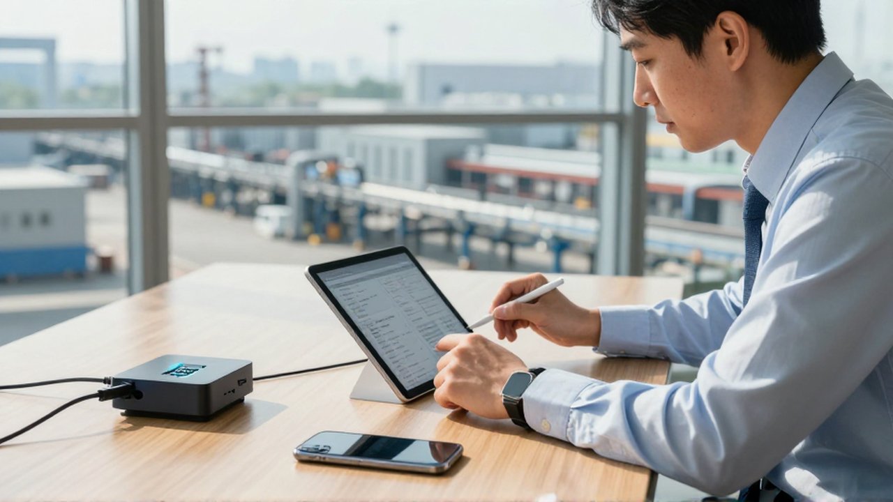 Gestor logístico conectando un módulo de hardware a una tableta en una oficina moderna con vistas a un almacén automatizado.