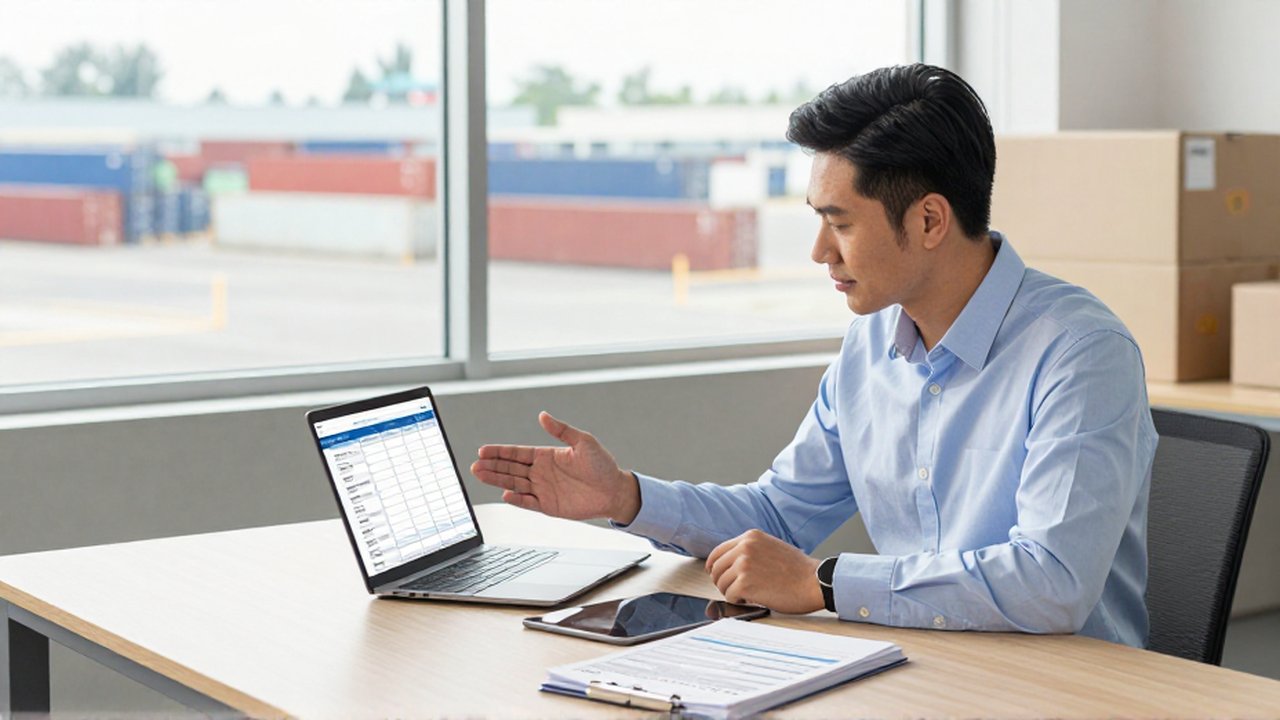 Gestor de logística supervisa un flujo de trabajo digital en una oficina moderna con vistas a un almacén.