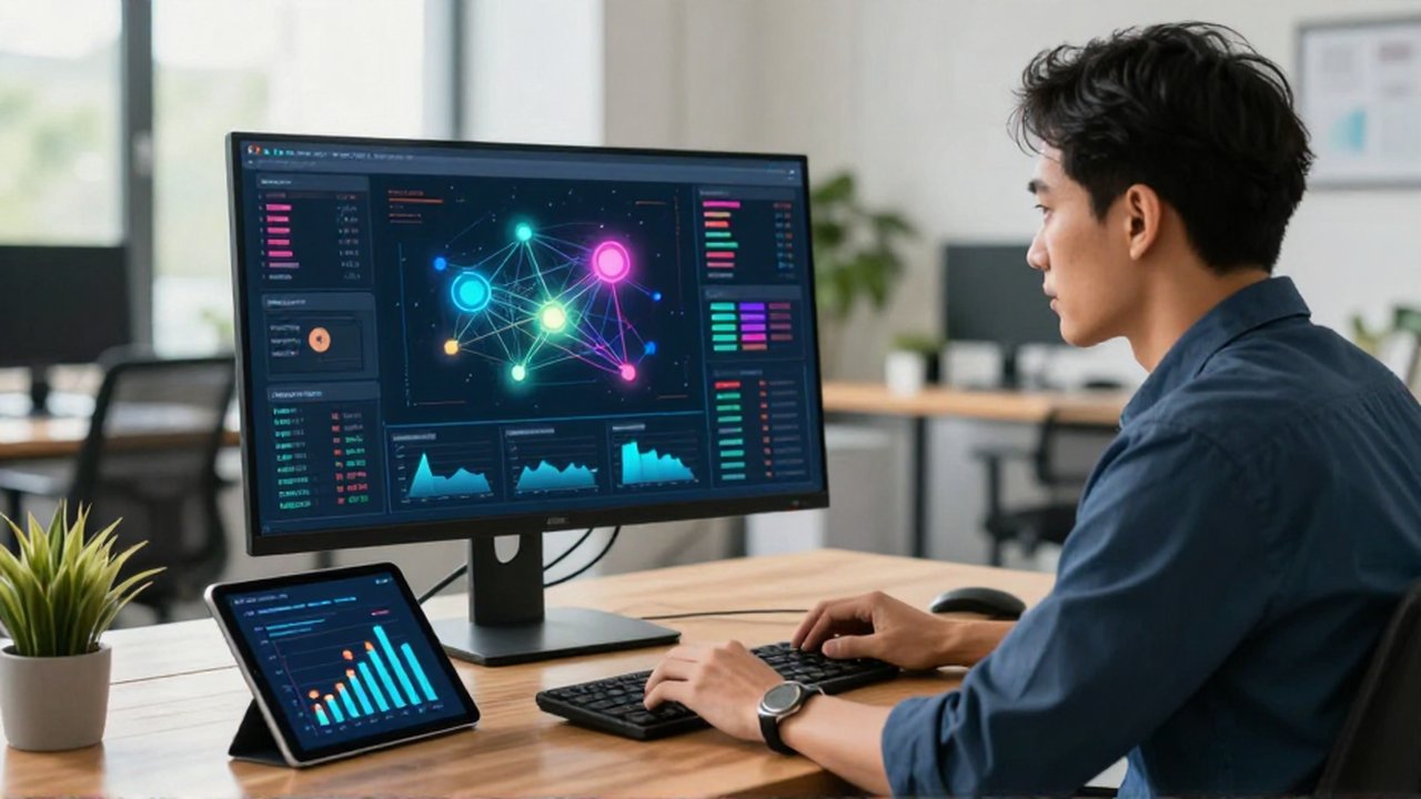 Analista de datos concentrado trabajando frente a un monitor con visualizaciones complejas de información en una oficina moderna.