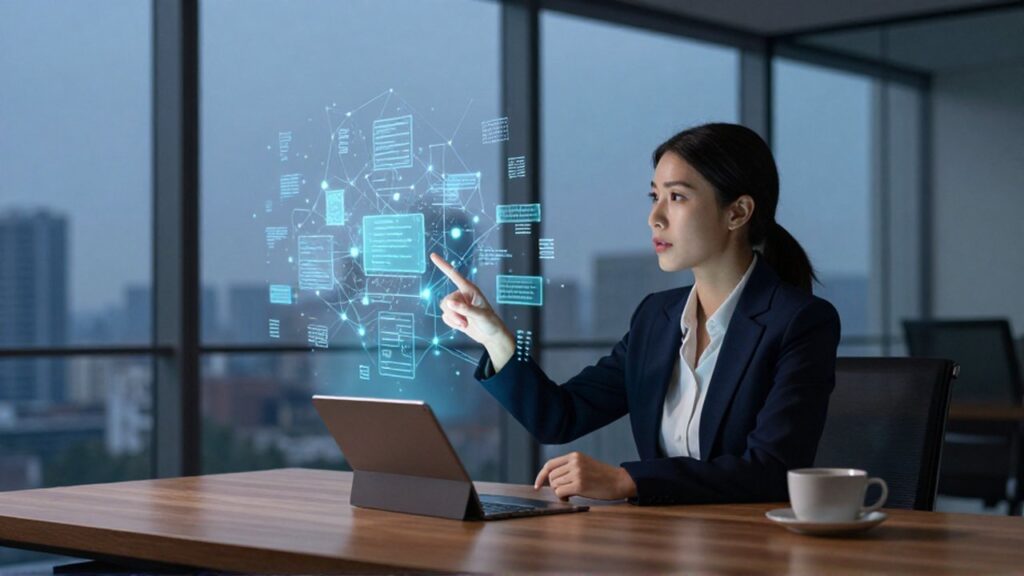 Analista de negocios examinando un complejo entramado de datos holográficos sobre un escritorio en una oficina moderna.