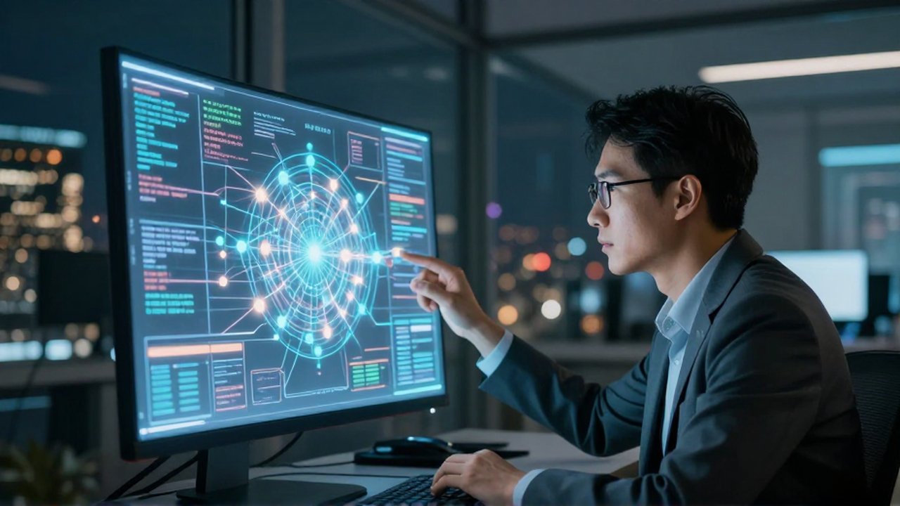 Analista de datos observa una proyección holográfica de nodos digitales en una oficina moderna.