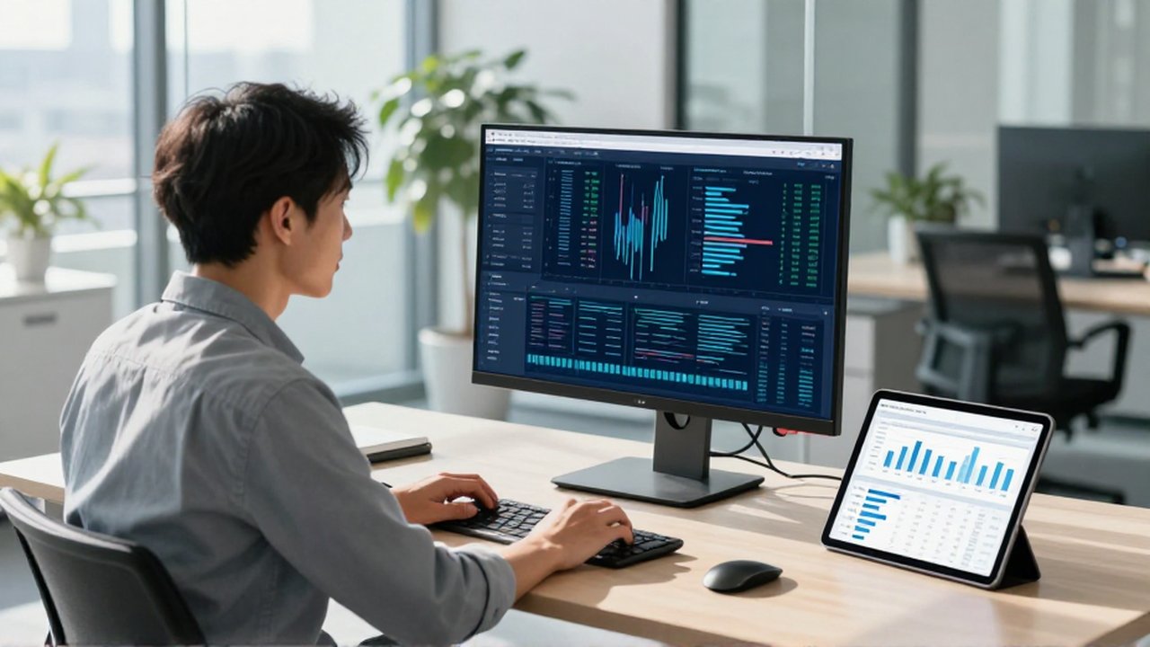 Analista de datos trabajando en una oficina moderna con monitores que muestran gráficos y flujos de información.