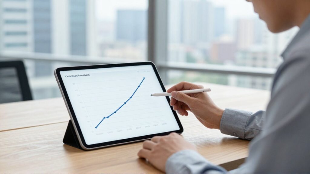 Analista comparando visualmente una tendencia lineal y una curva logística en una tableta digital.