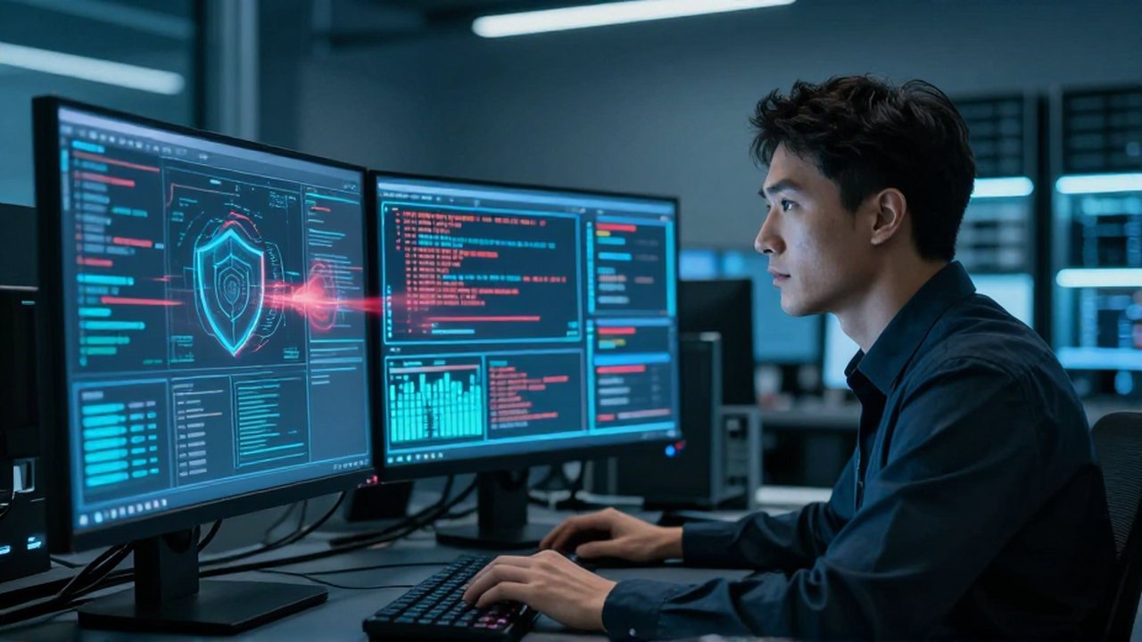 Analista de ciberseguridad monitoreando mapas holográficos de defensa digital en un centro de operaciones moderno.