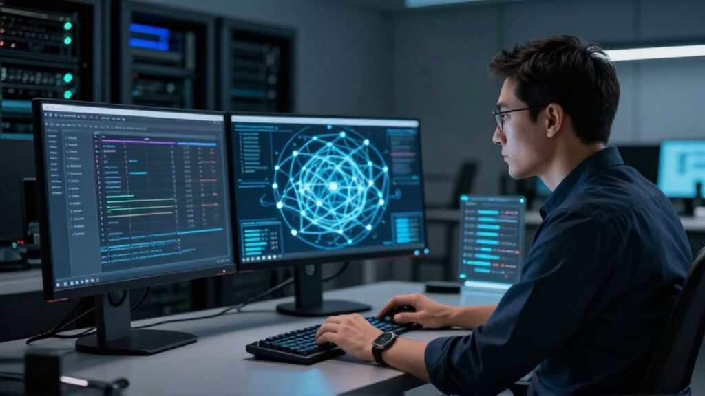 Analista de ciberseguridad concentrado comparando registros de seguridad tradicionales con una red neural de detección proactiva.