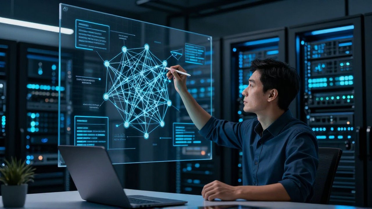 Arquitecto de datos analiza diagramas de redes neuronales frente a una sala de servidores iluminada.