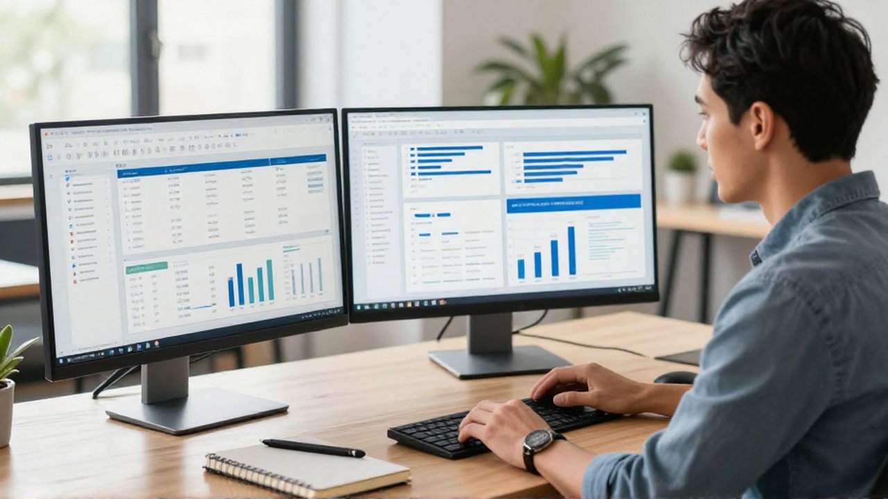 Estratega digital analizando gráficos y flujos de trabajo en dos monitores dentro de una oficina moderna.