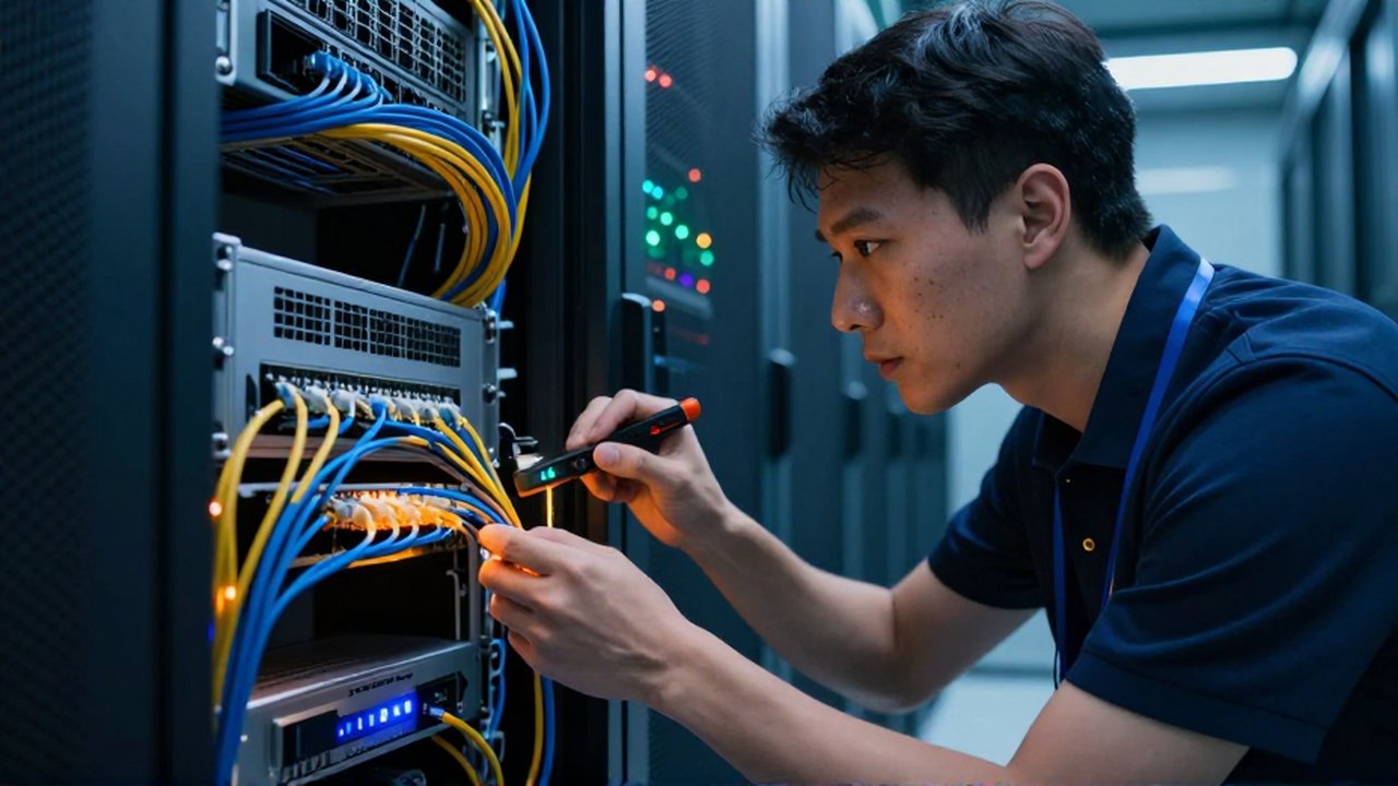 Administrador de redes inspecciona cables de conexión entre racks en un centro de datos iluminado.