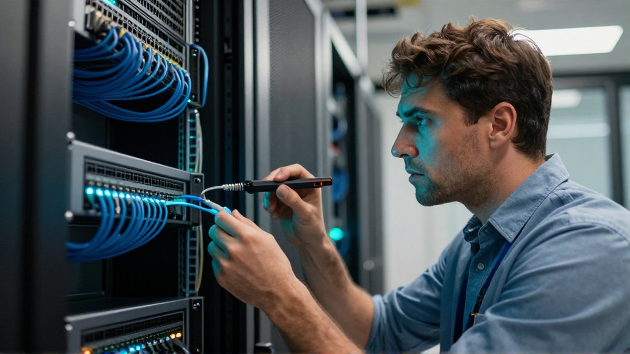 Técnico de informática inspecciona con tensión un rack de servidores con cables azules en una sala de máquinas.