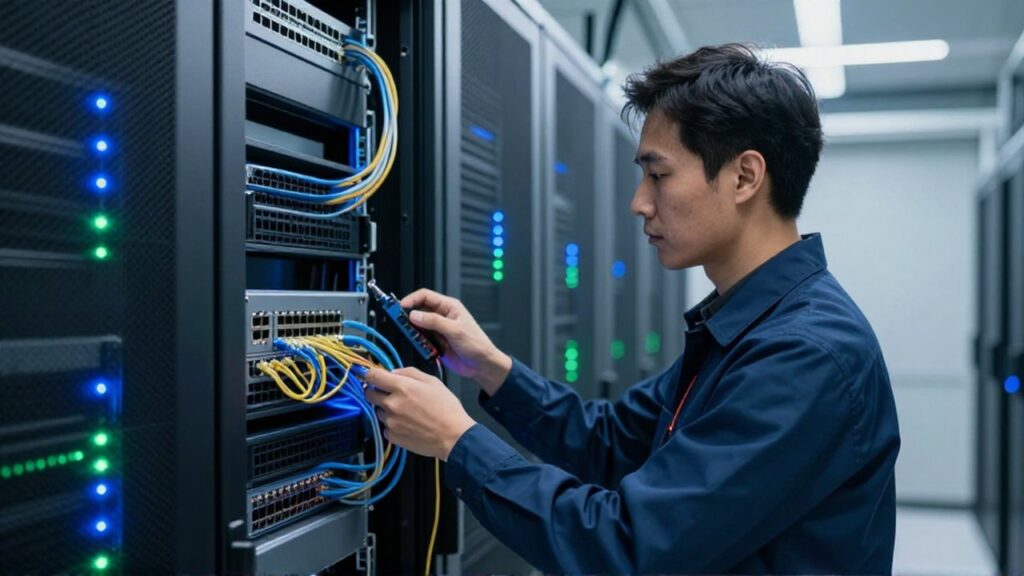 Técnico de sistemas inspecciona cables y conexiones en un rack de servidores de un centro de datos.
