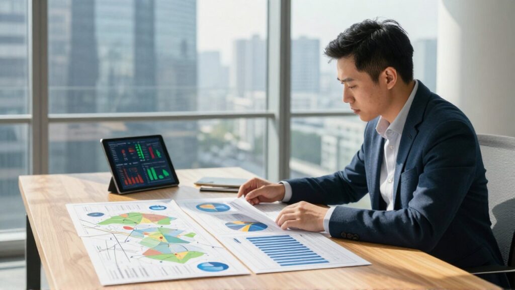 Analista concentrada revisando gráficos impresos y mapas estadísticos sobre un escritorio en una oficina luminosa.