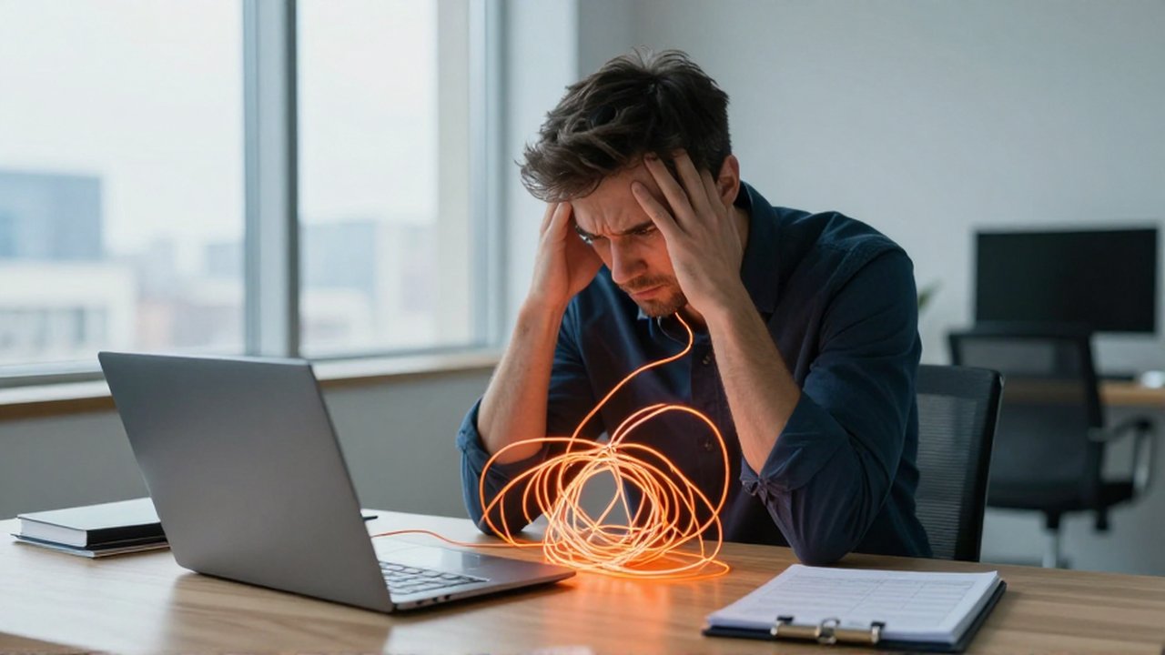 Gestor de proyectos frustrado ante un nudo de cables de fibra óptica brillantes que simbolizan flujos de trabajo caóticos.