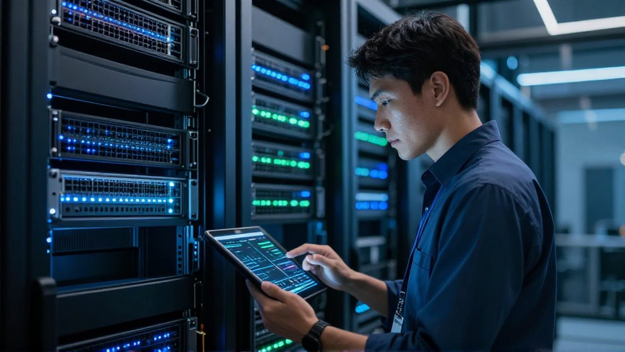 Ingeniero de redes analiza datos en una tableta frente a un router en un centro de datos tecnológico.