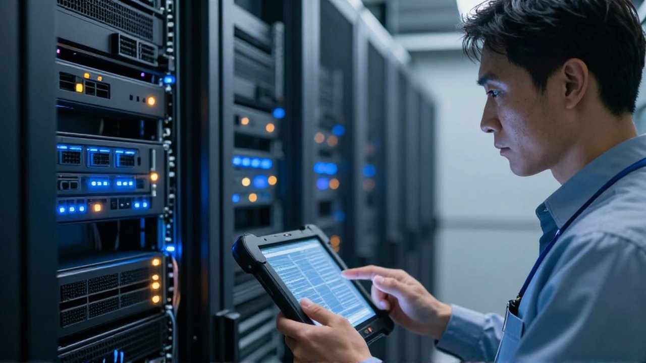 Ingeniero de sistemas revisa un rack de servidores con una tableta de diagnóstico en un centro de datos.