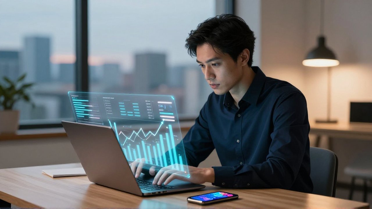 Estratega de marketing trabajando en un escritorio moderno frente a gráficos holográficos de datos.