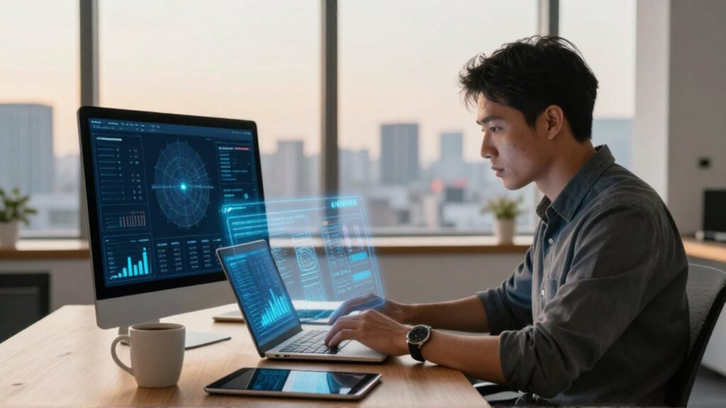 Especialista en marketing analiza gráficos digitales y hologramas de datos en un escritorio moderno.