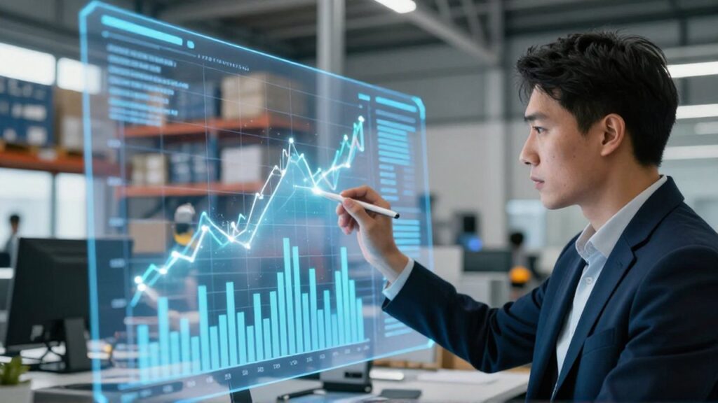 Analista de datos interactuando con un gráfico holográfico de demanda en una oficina de logística moderna.