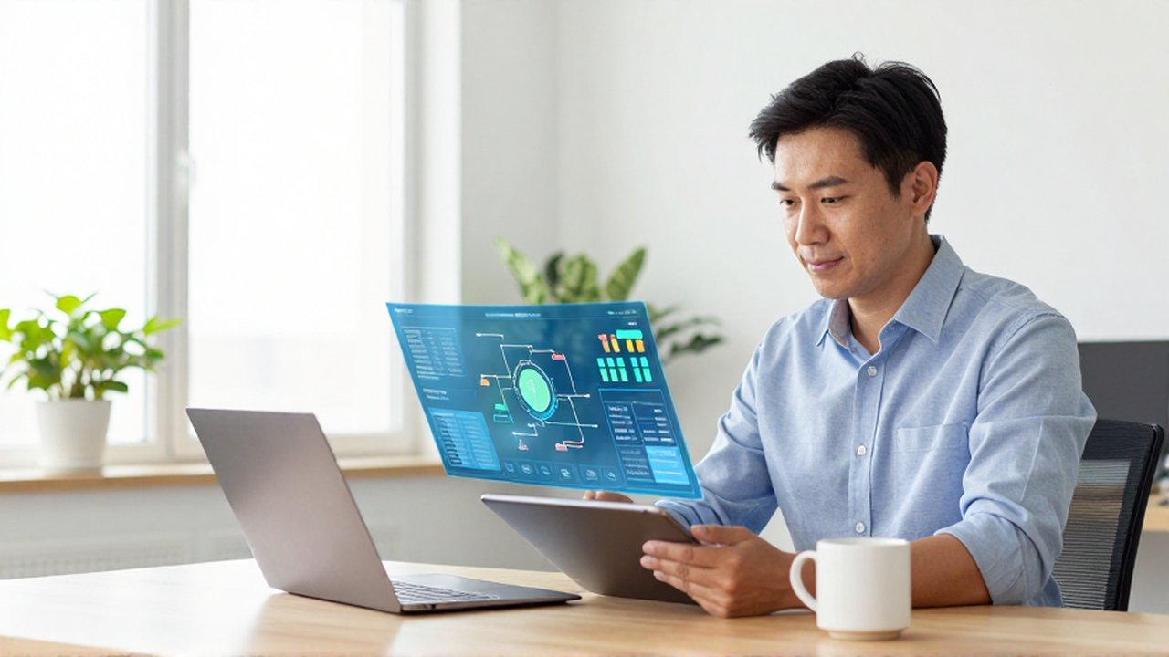 Gerente de operaciones revisando diagramas holográficos de datos sobre una tablet en una oficina moderna.