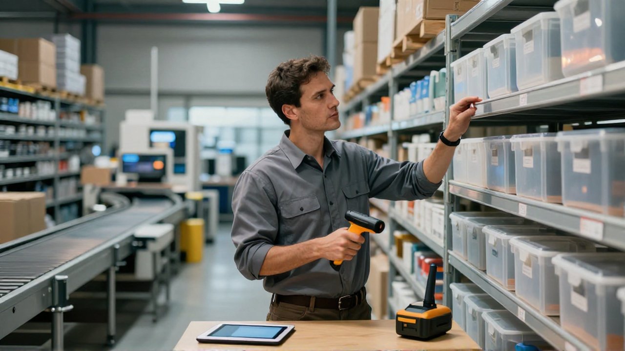 Gestor de almacén inspecciona un escáner digital frente a estanterías organizadas en un centro logístico moderno.