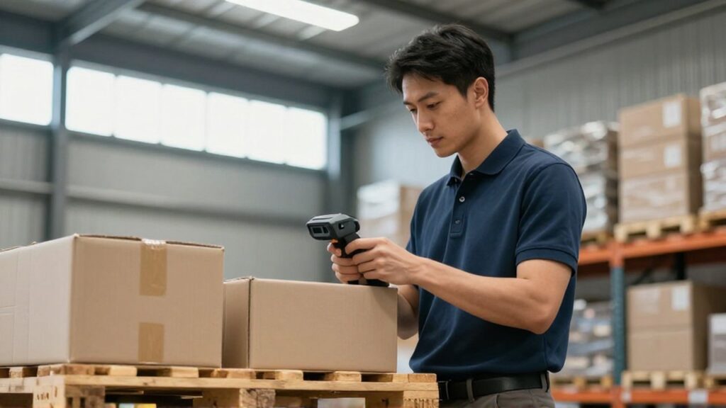 Un gestor de almacén utiliza un escáner láser para revisar el inventario de cajas organizadas.