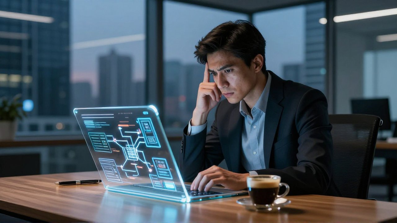 Analista de negocios observa con atención gráficos y diagramas de datos en una tableta transparente.