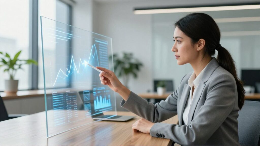 Ejecutiva analizando datos digitales en una pantalla transparente dentro de una oficina moderna y luminosa.
