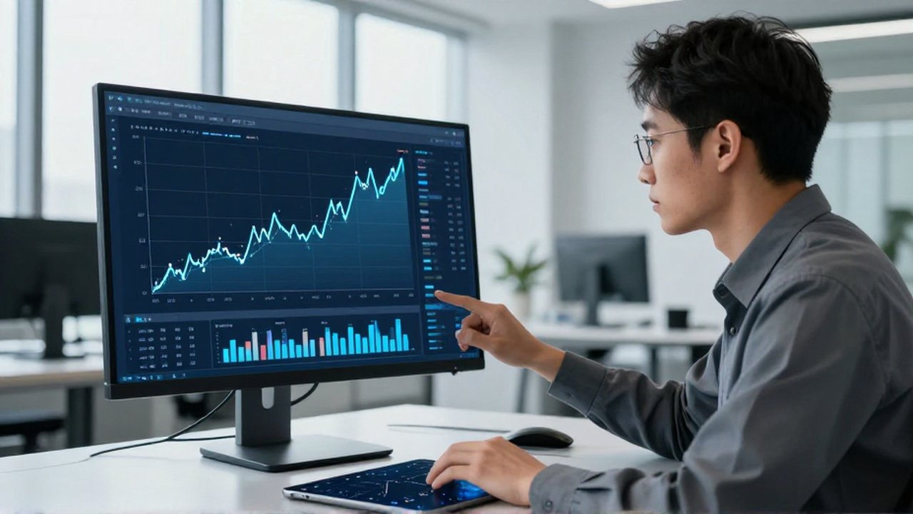Un científico de datos analiza gráficos de regresión y puntos de dispersión en una oficina moderna.