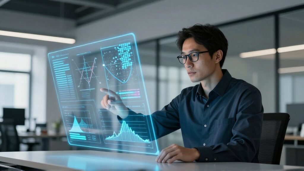 Científico de datos analiza proyecciones holográficas de gráficos estadísticos en una oficina moderna.