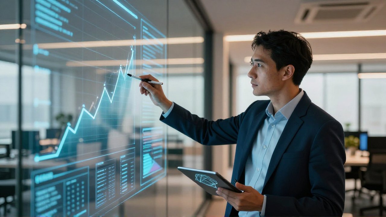Analista de negocios estudia con atención gráficos de tendencias proyectados en un panel de cristal.