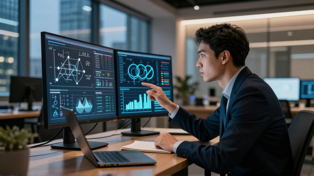 Analista de datos concentrado frente a un monitor con visualizaciones matemáticas en una oficina moderna.