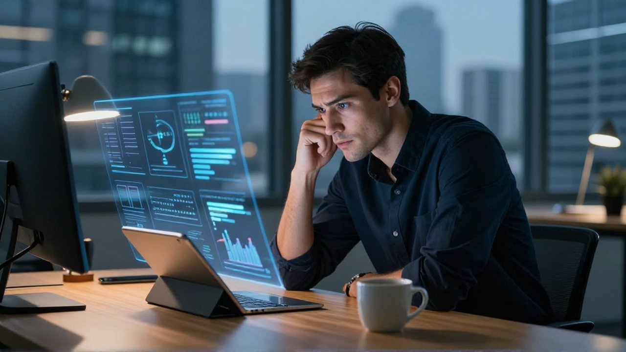 Analista examinando con cautela una proyección holográfica de datos en una oficina tecnológica nocturna.