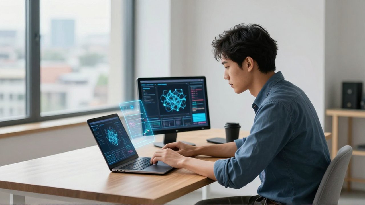 Creador digital trabajando en una oficina moderna con representaciones holográficas de flujos de datos inteligentes.