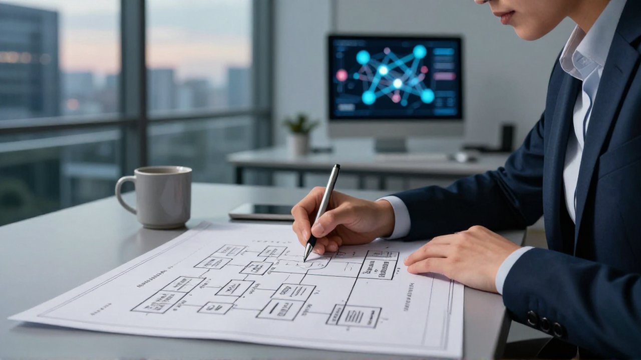 Arquitecto de datos dibujando un diagrama de flujo complejo sobre un plano en una oficina moderna.