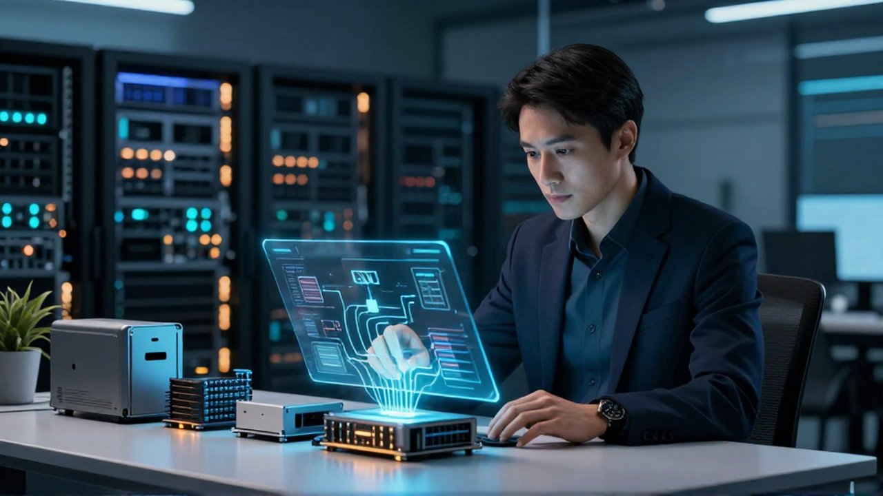 Arquitecto de datos organizando componentes de servidor y visualizando flujos de información mediante una interfaz holográfica.