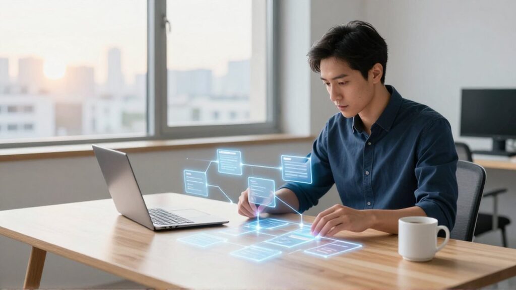 Emprendedor organizando tarjetas digitales luminosas para gestionar su flujo de trabajo en una oficina moderna.