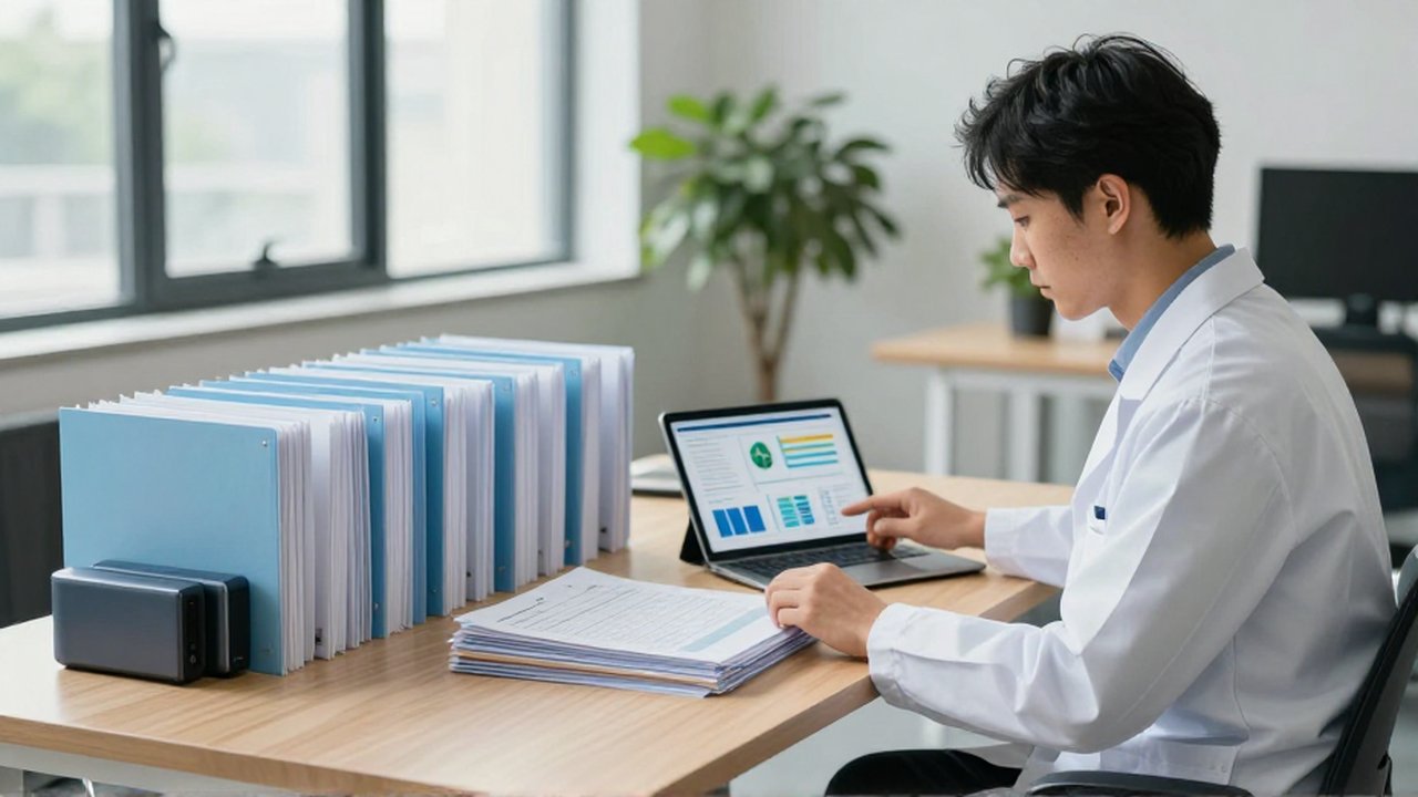Científico de datos organiza carpetas y dispositivos de almacenamiento en un escritorio de oficina moderno.